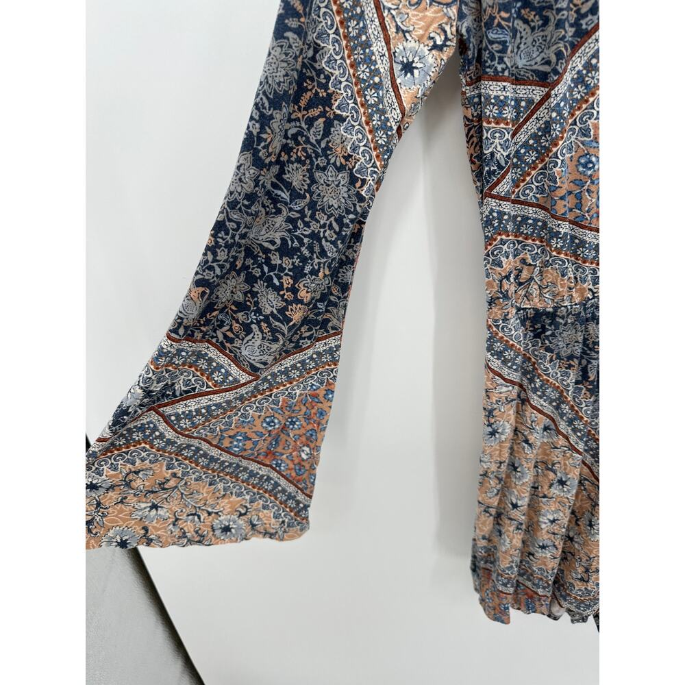 Earthbound Trading Co Blue Tan Floral Long Sleeve Romper Open Back Boho Women XL - Picture 3 of 9